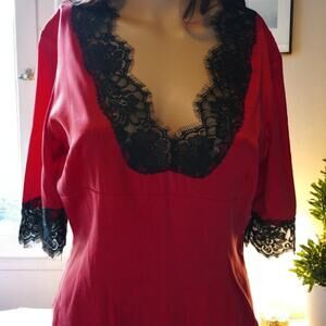 Luxurious Red Silk Blouse with Black Lace Detailing - Statement Elegance (NWOT)